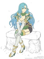 Rule 34 | 1girl, aqua hair, armor, boots, breasts, chloe (fire emblem), cleavage, commentary request, elbow gloves, fire emblem, fire emblem engage, gloves, gofelem, green eyes, high heel boots, high heels, large breasts, long hair, nintendo, shoulder armor, simple background, sitting, smile, solo, thighhighs, unfinished, very long hair, white background, white footwear, white gloves