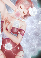 Rule 34 | 1girl, breasts, cleavage, closed eyes, collarbone, covered mouth, covering own mouth, elle de rosenbach, flower, hand over own mouth, highres, holding, holding flower, leotard, plant, red hair, red leotard, rose, short hair, solo, urusei yatsura, vines, white flower, white rose, yuki (yuki3243)