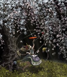 Rule 34 | 1girl, absurdres, barefoot, bow, brown hair, chain, cherry blossoms, cherry tree, commentary request, cube, cup, forest, full body, gourd, grass, hair bow, highres, horn ornament, horn ribbon, horns, ibuki suika, kajatony, long hair, looking up, nature, open mouth, orb, purple ribbon, purple skirt, pyramid (geometry), red bow, red neckwear, ribbon, sakazuki, shirt, signature, skirt, solo, sparkle, torn clothes, torn sleeves, touhou, tree, very long hair, white shirt, wrist cuffs
