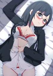 Rule 34 | 1girl, absurdres, arm up, bed sheet, black cardigan, blush, bra, braid, breasts, cardigan, cleavage, closed mouth, commentary, crotch seam, dress shirt, from above, grey eyes, grey hair, hand on own stomach, head tilt, highres, long hair, long sleeves, looking at viewer, love live!, love live! nijigasaki high school idol club, low twin braids, lying, medium breasts, nakagawa nana, no pants, on back, on bed, open cardigan, open clothes, panties, partially unbuttoned, red-framed eyewear, semi-rimless eyewear, shirasaki (ebb ss), shirt, smile, solo, twin braids, under-rim eyewear, underwear, white bra, white panties, white shirt, yuki setsuna, yuki setsuna (love live!)