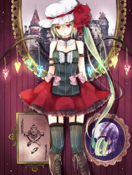 Rule 34 | 1girl, alternate costume, arm belt, bare shoulders, black thighhighs, blonde hair, boots, bow, card, chain, cross-laced footwear, crystal, flandre scarlet, garter straps, hay, highres, joker (playing card), long hair, mimoto (aszxdfcv), playing card, red eyes, skirt, skull, solo, thighhighs, touhou, very long hair, wings