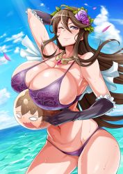 Rule 34 | 10s, 1girl, ;), ;3, arm behind head, arm up, ball, bare shoulders, beachball, belly, bikini, blue sky, blush, breasts, brown hair, cleavage, cloud, day, flower, frilled gloves, frills, gloves, gran (granblue fantasy), granblue fantasy, hair between eyes, hair flower, hair ornament, highres, huge breasts, long hair, looking at viewer, mumumu (three emu), navel, objectification, ocean, one eye closed, petals, print bikini, purple bikini, purple eyes, purple gloves, rose, rosetta (granblue fantasy), sky, smile, solo, standing, swimsuit, thick thighs, thighs, thorns, wet, wind