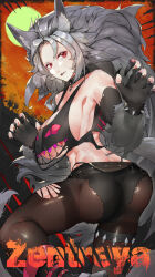 Rule 34 | 1girl, absurdres, animal ear fluff, animal ears, ass, black collar, black footwear, black gloves, black nails, black pantyhose, black shirt, black shorts, boots, breasts, character name, cleavage, collar, cropped shirt, elbow gloves, fingerless gloves, gloves, grey hair, highres, large breasts, long hair, looking at viewer, moon, nail polish, pantyhose, red eyes, shirt, short shorts, shorts, sleeplessrhythm, spiked hair, torn clothes, torn pantyhose, torn shirt, virtual youtuber, vshojo, wolf ears, wolf girl, zentreya, zentreya (werewolf)