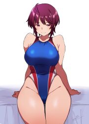 Rule 34 | 1girl, batta 16-sei, blue eyes, blue one-piece swimsuit, breasts, groin, highres, large breasts, multicolored clothes, multicolored swimsuit, navel, one-piece swimsuit, original, purple hair, sitting, solo, swimsuit, thick thighs, thigh gap, thighs