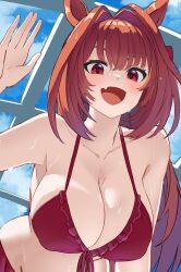Rule 34 | 1girl, :d, absurdres, animal ears, antenna hair, bikini, breasts, brown hair, cleavage, collarbone, commentary request, daiwa scarlet (trifle vacation) (umamusume), daiwa scarlet (umamusume), fang, frilled bikini, frills, hair intakes, highres, horse ears, indoors, large breasts, long hair, looking at viewer, open mouth, red bikini, red eyes, reibun (raven1119), skin fang, smile, solo, swimsuit, umamusume, upper body, very long hair, waving, wet, wet hair, window