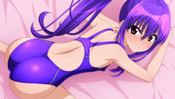 Rule 34 | 1girl, absurdres, all fours, ass, breasts, competition swimsuit, from above, highres, looking at viewer, looking back, one-piece swimsuit, original, ponytail, purple eyes, purple hair, purple swimsuit, small breasts, solo, sugimura tomokazu, swimsuit