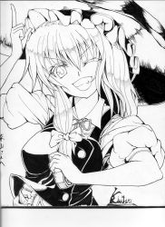 Rule 34 | 1girl, bow, female focus, greyscale, grin, hair bow, hat, kinntarou, kirisame marisa, monochrome, one eye closed, shikishi, smile, solo, touhou, traditional media, wink, witch, witch hat