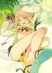 Rule 34 | 1girl, bikini, blonde hair, blue eyes, blush, book, breasts, cardigan, fang, feet, green eyes, highres, long legs, long sleeves, looking at viewer, lying, mk (masatusaboten), navel, on back, open cardigan, open clothes, open mouth, original, sand, sandals, short hair, small breasts, smile, solo, swimsuit, yellow bikini