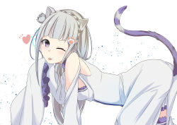 Rule 34 | 10s, 1girl, ;3, ;p, all fours, animal ears, bad id, bad pixiv id, braid, cat ears, cat tail, commentary request, cosmicsnic, crown braid, detached sleeves, dress, emilia (re:zero), highres, kemonomimi mode, long hair, looking at viewer, one eye closed, paw hair ornament, re:zero kara hajimeru isekai seikatsu, grey eyes, silver hair, simple background, solo, tail, tongue, tongue out, white background, white dress