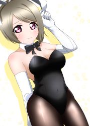 Rule 34 | 1girl, animal ears, arm behind back, artist name, artist request, bare shoulders, black bow, black leotard, blush, bow, bowtie, breasts, brown hair, brown legwear, cleavage, collarbone, crying, crying with eyes open, elbow gloves, female focus, gloves, grey hair, highres, leotard, light brown hair, looking at viewer, love live!, love live! nijigasaki high school idol club, medium breasts, nakasu kasumi, nervous smile, parted lips, pink eyes, playboy bunny, purple eyes, rabbit ears, rabbit tail, short hair, smile, solo, tears, white gloves, wing collar