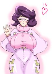 Rule 34 | 10s, 1girl, absurdres, artist request, breasts, cleavage, closed eyes, creatures (company), game freak, glasses, heart, highres, large breasts, nintendo, pokemon, pokemon sm, smile, solo, sweater, waving, wicke (pokemon)