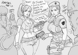 Rule 34 | 2girls, 4boys, bad id, bb (baalbuddy), beard, belt, beret, breasts, capcom, claire redfield, cleavage, cropped shirt, crossover, english text, facial hair, fingerless gloves, gloves, grey background, greyscale, gun, handgun, hat, heart, highres, holding, holding gun, holding weapon, imminent rape, inactive account, jill valentine, medium breasts, midriff, monochrome, multiple boys, multiple girls, navel, otaku, pants, parted lips, pistol, ponytail, resident evil, resident evil 2, resident evil 2 (remake), resident evil 3, resident evil 3: nemesis, romaji text, short sleeves, simple background, submachine gun, sweatdrop, weapon, you gonna get raped