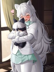 Rule 34 | 1girl, animal ears, arctic fox (kemono friends), blush, bow, bowtie, capelet, character doll, closed eyes, extra ears, fox ears, fox girl, fox tail, fur trim, gloves, hair between eyes, heart, highres, holding, holding stuffed toy, hugging doll, hugging object, kemono friends, kemono friends 3, long hair, long sleeves, pantyhose, silver fox (kemono friends), skirt, smile, solo, stuffed toy, tail, tehutehu game, white gloves, white hair, yellow eyes