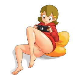 1girl 2019 5-volt barefoot bottomless brown_eyes brown_hair cameltoe feet hood hoodie mature_female minuspal nintendo nintendo_switch pussy shiny_skin simple_background smile solo thighs third-party_edit warioware