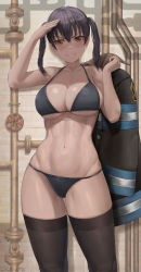 Rule 34 | 1girl, absurdres, arm up, bare shoulders, bikini, black bikini, black coat, black hair, black thighhighs, breasts, cleavage, coat, collarbone, curvy, en&#039;en no shouboutai, gluteal fold, grin, halterneck, highres, holding, industrial pipe, large breasts, long hair, looking at viewer, navel, orange eyes, parted lips, salute, shiny skin, short hair, short twintails, silvertsuki, smile, solo, standing, stomach, string bikini, swimsuit, tamaki kotatsu, thighhighs, thighs, thong, thong bikini, toned, twintails, unworn coat, v-shaped eyebrows, wide hips