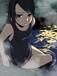 Rule 34 | 1girl, black hair, caustics, from above, from side, frown, grey eyes, ino (magloid), mochizuki nonoka, one-piece swimsuit, onsen, otome function, school swimsuit, sitting, solo, steam, swept bangs, swimsuit