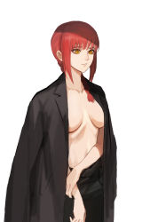 Rule 34 | 1girl, black jacket, breasts, chainsaw man, closed mouth, highres, jacket, jacket on shoulders, jason kim, makima (chainsaw man), medium breasts, naked jacket, red hair, short hair, simple background, solo, white background, yellow eyes