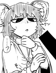 1girl ? amulet animal_ears bar_censor capelet censored commentary_request eyebrows female_focus freckles greyscale hand_on_own_chin jewelry long_sleeves monochrome mouse_ears nazrin necklace nicetack reaching reaching_towards_viewer short_hair simple_background solo stroking_own_chin sweat thick_eyebrows touhou translation_request