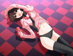 Rule 34 | 1girl, :d, arm up, artist name, black background, black eyes, black necktie, black panties, black thighhighs, black undershirt, blush, bob cut, breasts, checkered background, checkered floor, clothes lift, commentary, empty eyes, feet out of frame, hair over eyes, hand on own head, highres, kikumaru bunta, long bangs, long sleeves, looking at viewer, looking to the side, looking up, lying, midriff, monogatari (series), naoetsu high school uniform, navel, necktie, on back, on floor, open mouth, oshino ougi, pale skin, panties, pink shirt, puffy sleeves, red background, school uniform, shadow, shirt, shirt lift, short hair, signature, sleeves past fingers, sleeves past wrists, small breasts, smile, solo, thighhighs, translated, undershirt, underwear