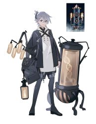 Rule 34 | 1girl, absurdres, aibivy, black footwear, closed mouth, collared shirt, commentary, dna, ear piercing, full body, grey eyes, grey hair, grey jacket, grey pantyhose, hair between eyes, hand in pocket, highres, jacket, lantern, light bulb, light smile, long sleeves, looking at viewer, open clothes, open jacket, original, pantyhose, personification, piercing, reference inset, shirt, short hair, solo, standing, symbol-only commentary, vacuum tube, white shirt