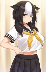Rule 34 | 1girl, animal ears, black hair, black sailor collar, black skirt, blurry, blurry background, blush, breasts, cccpo, collarbone, commentary request, cow ears, depth of field, ear tag, fingernails, green eyes, hair between eyes, highres, holstein (cccpo), large breasts, long sleeves, looking at viewer, multicolored hair, neckerchief, original, parted lips, pleated skirt, revision, sailor collar, school uniform, serafuku, shirt, short sleeves, skirt, solo, sweat, two-tone hair, white hair, white shirt, yellow neckerchief
