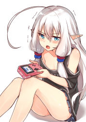 Rule 34 | &gt;:o, 1girl, :o, ahoge, bare legs, blue eyes, blush, breasts, clothing cutout, collarbone, fang, game boy, game boy color, grey skirt, hair tubes, handheld game console, highres, long hair, looking at viewer, off shoulder, open mouth, original, pointy ears, ruma imaginary, shoulder cutout, sidelocks, sitting, skirt, small breasts, solo, tearing up, tears, thighs, trembling, v-shaped eyebrows, white hair