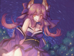 Rule 34 | 10s, 1girl, animal ears, bare shoulders, breasts, cleavage, detached sleeves, fate/extra, fate/grand order, fate (series), fox ears, fox tail, hair ribbon, highres, large breasts, light smile, looking at viewer, nature, night, night sky, pink hair, ribbon, sky, solo, tail, tamamo (fate), tamamo no mae (fate/extra), tree, yellow eyes