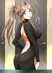Rule 34 | 1girl, aa megami-sama, antenna hair, ass, back, back cutout, backless dress, backless outfit, belldandy, blonde hair, blue eyes, breasts, butt crack, clothing cutout, door, dress, facial mark, female focus, highres, indoors, joy division, large breasts, lipstick, long hair, looking at viewer, makeup, no bra, ponytail, skin tight, smile, solo, standing, very long hair