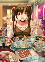 Rule 34 | 1girl, :t, bow, breasts, brown eyes, brown hair, cheese, chopsticks, coca-cola, dress, drink, eating, food, ge xi, hair bow, hair ribbon, highres, long hair, looking at viewer, meat, original, pov, ribbon, rice, smile, soup, twintails, vegetable, water, watermark, web address, xiang-zi shen (ge xi)
