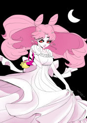 Rule 34 | 1girl, aged up, big hair, bishoujo senshi sailor moon, bishoujo senshi sailor moon supers, black background, chibi usa, colored skin, cone hair bun, crescent moon, crystal carillon, double bun, dress, eyelashes, facial mark, forehead mark, hair bun, hair ornament, hairclip, highres, holding, lipstick, litlite2, long hair, makeup, moon, pale skin, parted bangs, pink hair, pink lips, puffy short sleeves, puffy sleeves, red eyes, short sleeves, signature, simple background, small lady serenity, twintails, very long hair, white dress, white skin