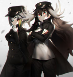 Rule 34 | 10s, 2girls, alternate costume, antlers, banchou, black jacket, black pants, blonde hair, brown hair, buttons, closed mouth, cowboy shot, crossed arms, delinquent, finger to own chin, gloves, grey hair, hand on own hip, hand up, harau, hat, high collar, horns, jacket, japari symbol, kemono friends, long hair, long sleeves, looking afar, low ponytail, moose (kemono friends), multicolored hair, multiple girls, open clothes, open jacket, pants, red eyes, school uniform, shirt, shoebill (kemono friends), side ponytail, smile, standing, very long hair, white shirt, yellow eyes