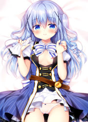 Rule 34 | 1girl, areola slip, bed sheet, black vest, blue eyes, blue hair, blue jacket, blush, bow, bow panties, closed mouth, clothes lift, commentary request, dakimakura (medium), gloves, gluteal fold, gochuumon wa usagi desu ka?, groin, hair between eyes, hair ornament, hands up, highres, jacket, kafuu chino, long hair, lying, on back, open clothes, open jacket, open shirt, panties, puffy short sleeves, puffy sleeves, sasai saji, shirt, short sleeves, signature, skirt, skirt lift, sleeveless, sleeveless jacket, smile, solo, striped bow, striped clothes, striped jacket, two side up, underwear, vertical-striped clothes, vertical-striped jacket, very long hair, vest, white bow, white gloves, white panties, white shirt, white skirt, x hair ornament