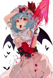 Rule 34 | 1girl, arm up, artist name, bad id, bad twitter id, bare shoulders, bat (animal), black sash, blue hair, bow, breasts, cleavage, clothing cutout, commentary, dress, fangs, flower, gotou (nekocat), hair between eyes, hat, hat bow, highres, holding, holding polearm, holding spear, holding weapon, looking at viewer, medium breasts, mob cap, nail polish, open mouth, petals, pink dress, polearm, puffy short sleeves, puffy sleeves, red bow, red eyes, red flower, red nails, red rose, remilia scarlet, rose, rose petals, sash, short hair, short sleeves, shoulder cutout, signature, simple background, solo, spear, spear the gungnir, touhou, weapon, white background, white hat, wrist cuffs