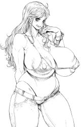 Rule 34 | 1girl, absurdres, alternate breast size, bare shoulders, bikini, bikini under clothes, bonten, bracelet, breasts, collarbone, curvy, denim, female focus, highleg, highleg bikini, highres, huge breasts, jewelry, licking lips, log pose, long hair, looking at viewer, monochrome, nami (one piece), navel, one piece, pants, revealing clothes, simple background, smile, solo, standing, swimsuit, tattoo, thick thighs, thighs, thong, thong bikini, tongue, tongue out, very long hair, white background, wide hips