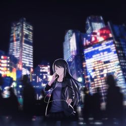 Rule 34 | 1girl, black hair, blue eyes, blue shirt, blurry, blurry background, building, cityscape, commentary request, earbuds, earphones, expressionless, hand in pocket, hand on own cheek, hand on own face, jacket, jewelry, long hair, looking at viewer, necklace, night, open clothes, open jacket, open mouth, original, people, pleated skirt, shirt, skirt, skyscraper, solo focus, sugi 214, upper body