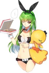Rule 34 | ..., 1girl, ;3, animal ears, breasts, rabbit ears, c.c., cheese-kun, cleavage, code geass, cowboy shot, creayus, detached collar, food, green hair, long hair, looking at viewer, navel, one eye closed, pizza, pizza box, simple background, smile, solo, spoken ellipsis, sweatdrop, twitter username, white background, wrist cuffs