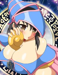 Rule 34 | 1girl, bare shoulders, between breasts, black hair, blush, breasts, brown eyes, chestnut mouth, cleavage, cosplay, dark magician girl, dark magician girl (cosplay), female focus, hat, highres, huge breasts, looking at viewer, pentagram, short hair, solo, soulkibble, sparkle, staff, thick thighs, thighs, yu-gi-oh!