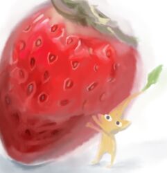 Rule 34 | check commentary, colored skin, commentary, commentary request, food, fruit, highres, holding, holding food, holding fruit, iat-418, leaf, pikmin (creature), pikmin (series), pointy ears, shadow, shady eyes, strawberry, tiny, white background, yellow pikmin, yellow skin