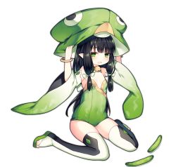 Rule 34 | 1girl, ao jun, ark order, bell, black hair, black thighhighs, bow, bridal legwear, cucumber, flat chest, full body, green eyes, green footwear, green hat, green leotard, hands on headwear, hat, hat bell, jingle bell, kappa (ark order), leotard, long hair, looking at viewer, neck bell, official art, open mouth, pointy ears, sandals, sidelocks, sitting, solo, tachi-e, thighhighs, toeless footwear, transparent background, two-tone legwear, wariza, water, wavy mouth, white thighhighs, wide sleeves