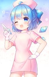 Rule 34 | 1girl, blue bow, blue eyes, blue hair, blush, bow, cirno, coa (chroo x), cowboy shot, detached wings, fairy, gloves, hair between eyes, hair bow, hat, highres, holding, holding syringe, ice, ice wings, nurse, nurse cap, one eye closed, open mouth, short hair, short sleeves, smile, solo, star (symbol), syringe, touhou, white gloves, wings