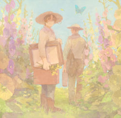 Rule 34 | 2boys, ahoge, axis powers hetalia, bad id, bad pixiv id, blonde hair, boots, briefcase, brown eyes, brown hair, bug, butterfly, flower, framed, from behind, garden, germany (hetalia), grass, hat, insect, looking at viewer, looking back, male focus, multiple boys, northern italy (hetalia), pale color, pants, picture frame, pon (cielo), sky, smile, standing, straw hat