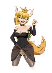 1girl absurdres angel_glitch armlet bare_shoulders black_collar black_leotard black_skirt black_thighhighs blonde_hair blue_eyes bowsette bracelet breasts cleavage collar commentary cowboy_shot cropped_legs detached_sleeves earrings highres jewelry large_breasts leotard mario_(series) new_super_mario_bros._u_deluxe nintendo open_mouth pointy_ears ponytail sharp_teeth skirt smile solo spiked_armlet spiked_bracelet spiked_collar spiked_shell spiked_tail spiked_thighlet spikes strapless strapless_leotard super_crown tail teeth thighhighs turtle_shell