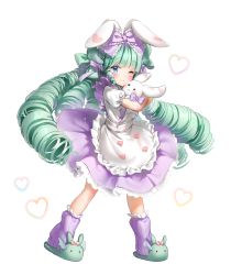 Rule 34 | 1girl, ;), animal ears, animal slippers, apron, blue eyes, blush, borrowed character, bow, closed mouth, commission, drill hair, frilled apron, frilled skirt, frills, full body, green footwear, green hair, hair bow, heart, long hair, loose socks, marmoset (marmoset0), hugging object, one eye closed, original, pleated skirt, puffy short sleeves, puffy sleeves, purple bow, purple skirt, purple socks, rabbit ears, ribbed legwear, shirt, short sleeves, sidelocks, simple background, skirt, slippers, smile, socks, solo, standing, stuffed animal, stuffed rabbit, stuffed toy, very long hair, waist apron, white apron, white background, white shirt