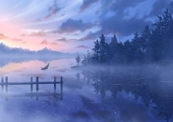 Rule 34 | bird, blue theme, blurry, cloud, depth of field, dock, forest, light particles, nature, no humans, original, owl, reflection, rien (sonidori), river, scenery, sky, sunset, tree