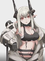 Rule 34 | 1girl, ajw0823, arknights, armpits, black bra, black gloves, black panties, bra, breasts, cameltoe, cleavage, closed mouth, collar, commentary, earrings, english commentary, gloves, hair ornament, hairclip, highres, horns, jewelry, long hair, looking at viewer, material growth, mudrock (arknights), navel, off shoulder, open mouth, oripathy lesion (arknights), panties, pointy ears, red eyes, sarashi, simple background, solo, underwear, white background, white hair