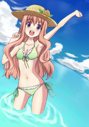 Rule 34 | 1girl, :d, absurdres, arm up, bikini, blue door, breasts, cleavage, clenched hand, dutch angle, female focus, green bikini, hand up, hat, highres, medium breasts, open mouth, original, outdoors, pink hair, purple eyes, side-tie bikini bottom, sky, smile, solo, straw hat, submerged, swimsuit, wading