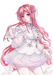Rule 34 | 1girl, :d, absurdres, blush, bow, braid, breasts, detached sleeves, dorothy (nikke), dress, frilled dress, frills, goddess of victory: nikke, hair bun, hair ribbon, highres, holding own hair, large breasts, long hair, looking at viewer, open mouth, panties, pink hair, purple bow, purple eyes, ramuneogura, ribbon, see-through, see-through skirt, see-through sleeves, simple background, skirt, smile, solo, underwear, white background, white dress, white panties