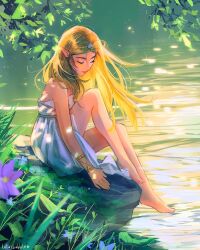 Rule 34 | 1girl, bare legs, bare shoulders, blonde hair, breasts, closed eyes, closed mouth, commentary, dress, english commentary, full body, highres, long hair, lotus bubble, medium breasts, nintendo, pointy ears, princess zelda, scenery, sitting, solo, the legend of zelda, the legend of zelda: breath of the wild, water, white dress