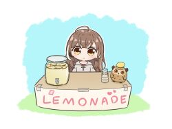 Rule 34 | 1boy, absurdres, ahoge, animal, bird, blush, brown eyes, brown hair, brown hoodie, chibi, commentary, english commentary, hair down, highres, hololive, hololive english, hood, hoodie, hootsie (nanashi mumei), lemonade, long hair, looking at viewer, mpien, multicolored hair, nanashi mumei, nanashi mumei (casual), official alternate costume, official alternate hairstyle, owl, solo focus, streaked hair, virtual youtuber