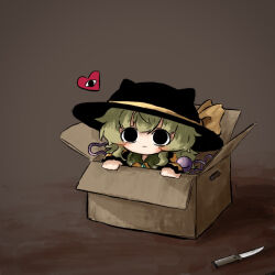 Rule 34 | 1girl, :3, animal ears, black eyes, black hat, blouse, blush, bow, box, brown background, buttons, cardboard box, cat ears, chibi, closed mouth, diamond button, eyeball, frilled shirt collar, frilled sleeves, frills, hat, hat bow, hat ribbon, heart, heart of string, heripantomorrow, in box, in container, knife, komeiji koishi, light green hair, long sleeves, looking at viewer, medium hair, ribbon, shirt, smile, solo, third eye, touhou, wavy hair, wide sleeves, yellow bow, yellow ribbon, yellow shirt